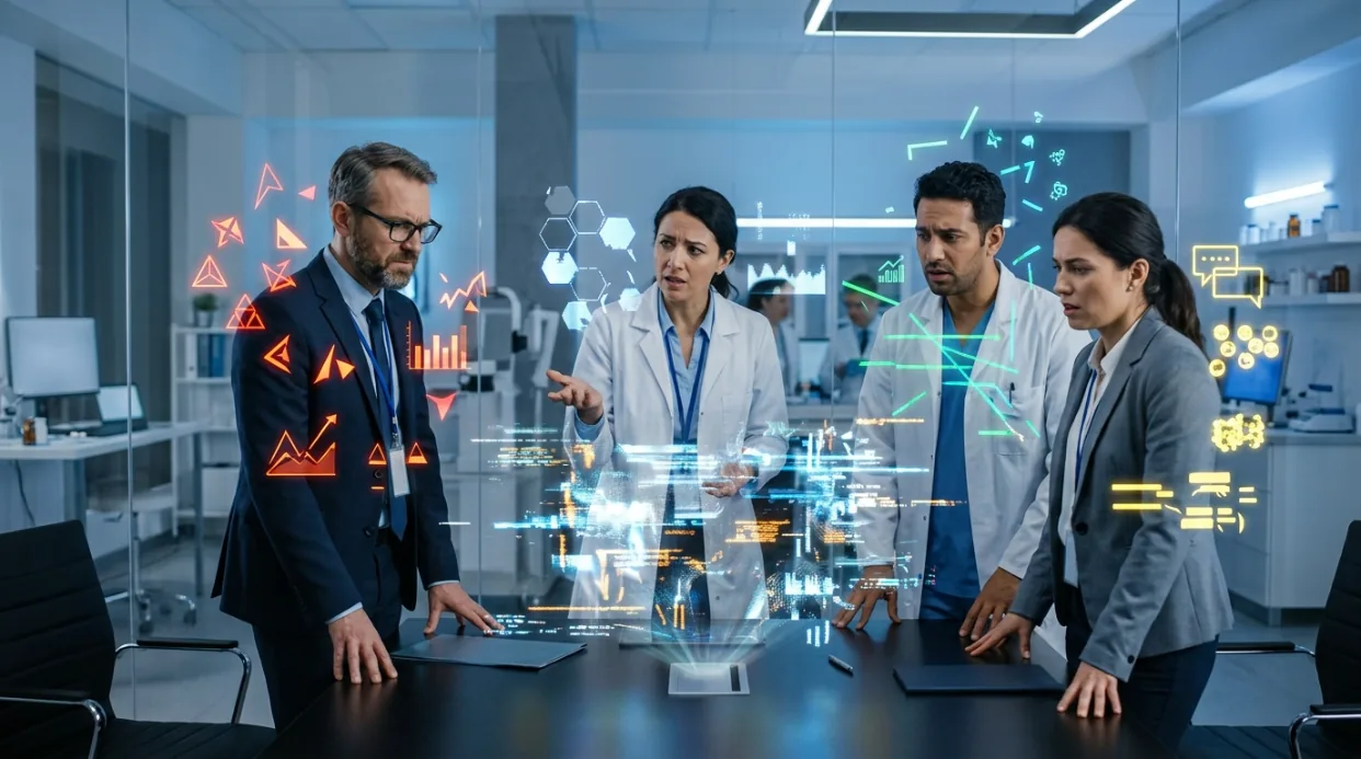 Four colleagues around one hologram, each surrounded by a different colour of chart, symbol and speech bubble
