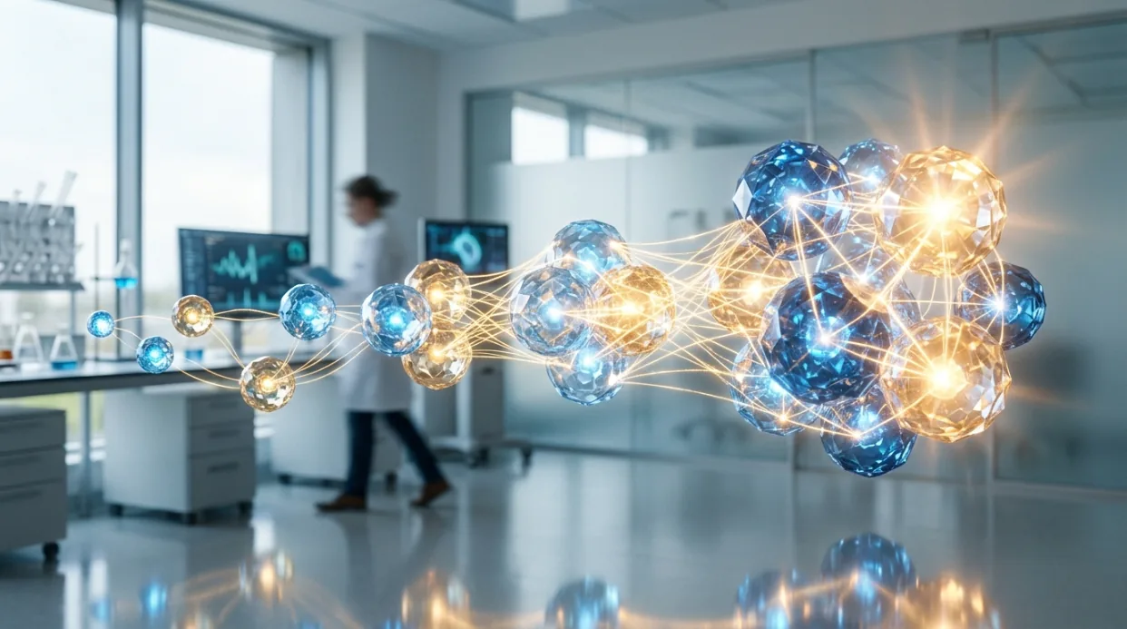 A chain of linked crystalline nodes growing larger and brighter across a laboratory, as knowledge accumulates over successive conversations