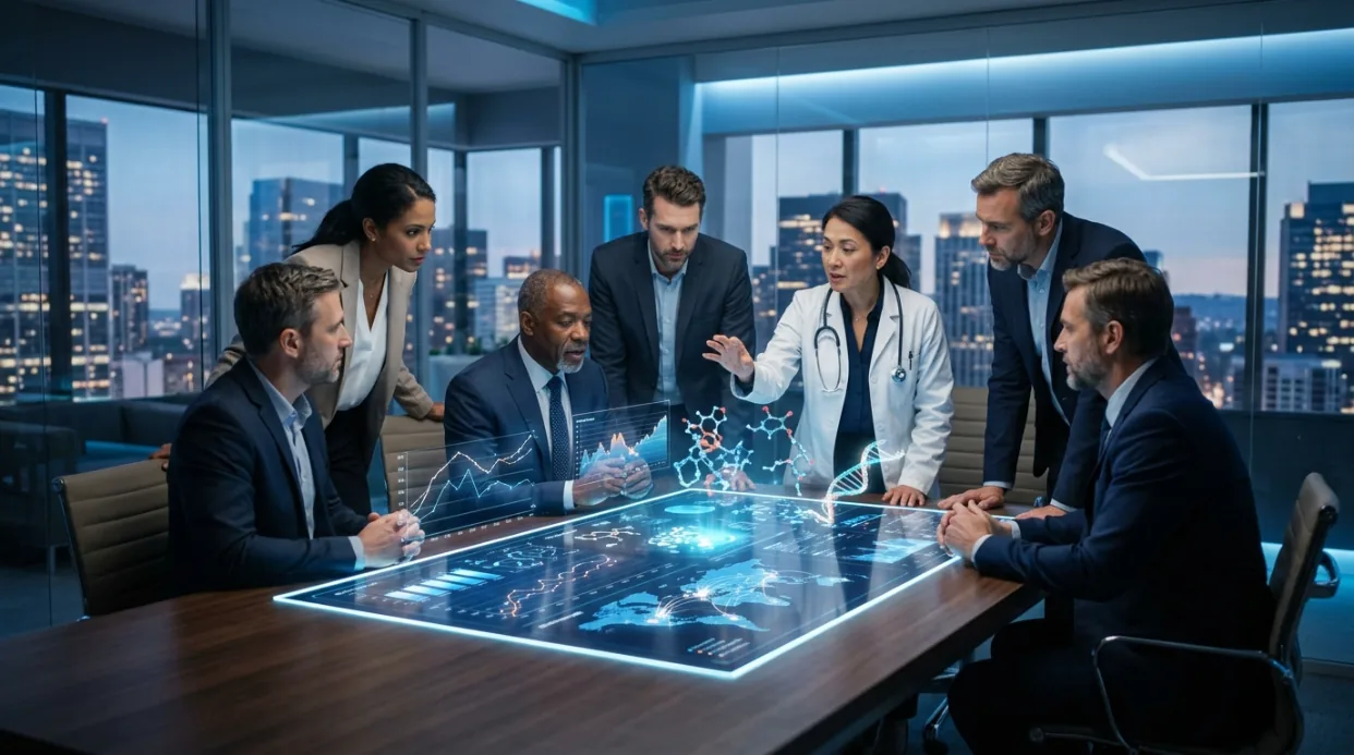 A medical affairs team around a boardroom table display, reviewing a quarter of scientific engagement across topics, regions and evidence